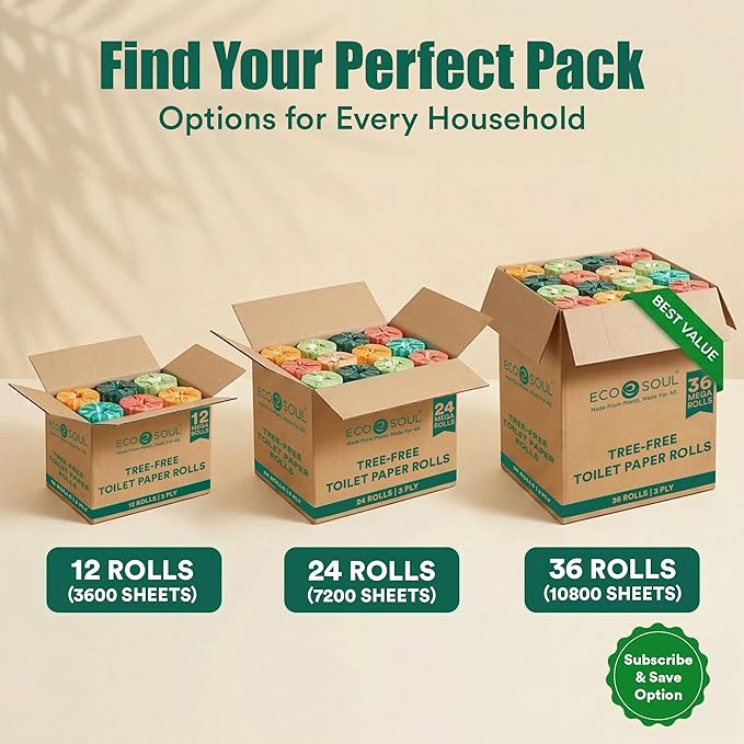 Eco Soul Premium Bamboo Toilet Paper 3 Ply | 24 Mega Rolls | 300 Sheets Each | FSC Certified Hypoallergenic, Textured & Skin-Friendly Septic-Safe Soft Bathroom Tissue Eco-Friendly Chemical & Dye Free
