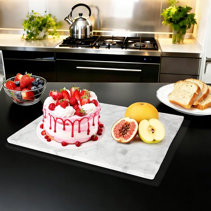 Marble Cutting Board for Kitchen 16×12 Inch Italian Carrara White | Natural stone, 0.59" thick, non-slip feet, stay cool for dough/butter, ideal for pastry, cheese, charcuterie, pizza, bread