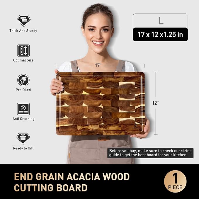 End Grain Cutting Board for Kitchen with Non-slip Feet, Acacia Wood Heavy Duty Checkered Cutting Board Upgraded Chopping Board with Juice Groove & Handle Large Wooden Butcher Block with Gift Box