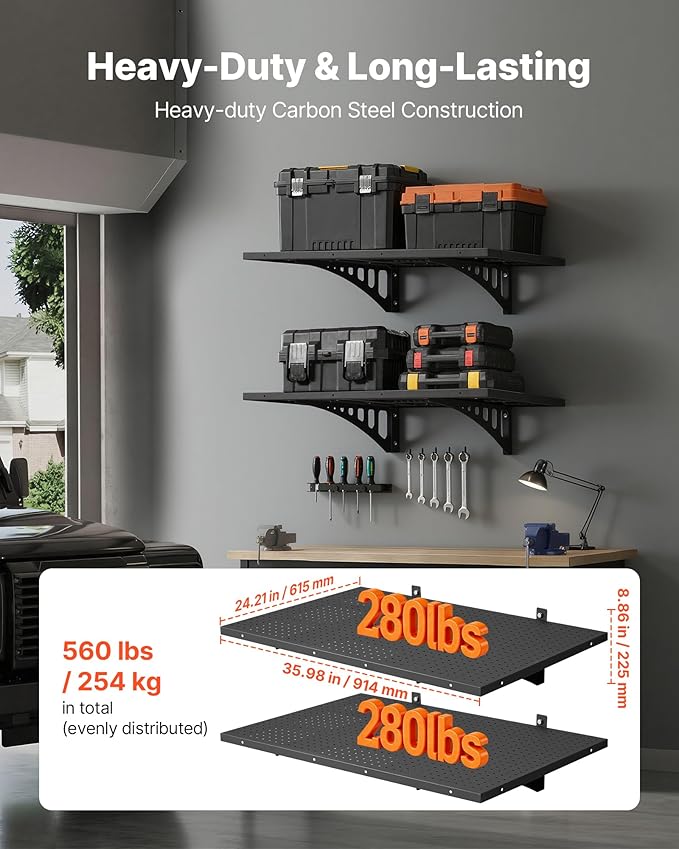 VEVOR 2-Pack Heavy Duty Garage Wall Shelving, 2 x 3 ft Steel Wall Mounted Shelving Unit with Hooks, 24 x 36 Inch Per Shelf Floating Storage Metal Rack for Garage, 500 lbs Total Weight Capacity
