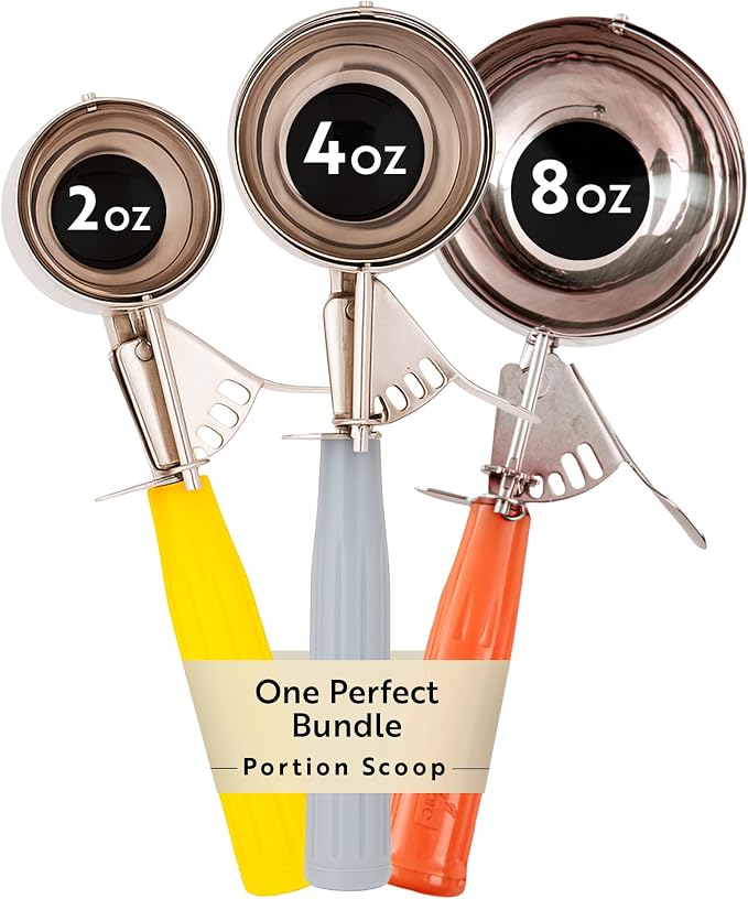 Restaurantware Bundle: 3 Ice Cream Scoops Trigger Release Stainless Steel Dishers 2/4 / 8 Ounce Cookie Scoops For Baking, Yellow, Gray and Orange, Portion Control, Cookie Dough, Cupcake Batter