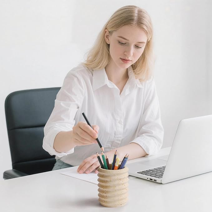 Pen Holder Stand for Desk, Natural Travertine Stone Makeup Brush Holders, Modern and Functional Pencil Cup for Office Supplies Tableware Organizer for Home Decor School Beige (PH90110)