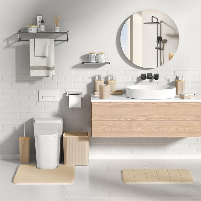 XLHOMO Bathroom Set- 25PC Beige Bathroom Set, Bathroom Set with Shower Curtain and Rugs, Beige Shower Curtain Set, Toilet Brush, Bathroom Trash Can