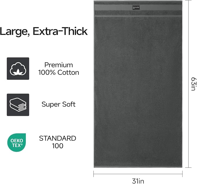 REDKISS 2 Pack Large Bath Towels Set, 100% Cotton, 31x63 in, Heavyweight 760G, Highly Absorbent & Quick Dry, Super Soft Luxury Towels for Bathroom,Hotel Collection - Dark Gray