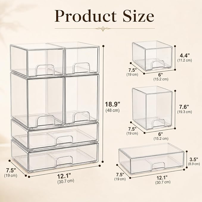 Clear Stackable Storage Drawers: Baby Bottle Storage Organizer, Acrylic Bottles Station Organizer Container for Countertop, Vanity, Bathroom, Cabinet Organization - 6 Pack
