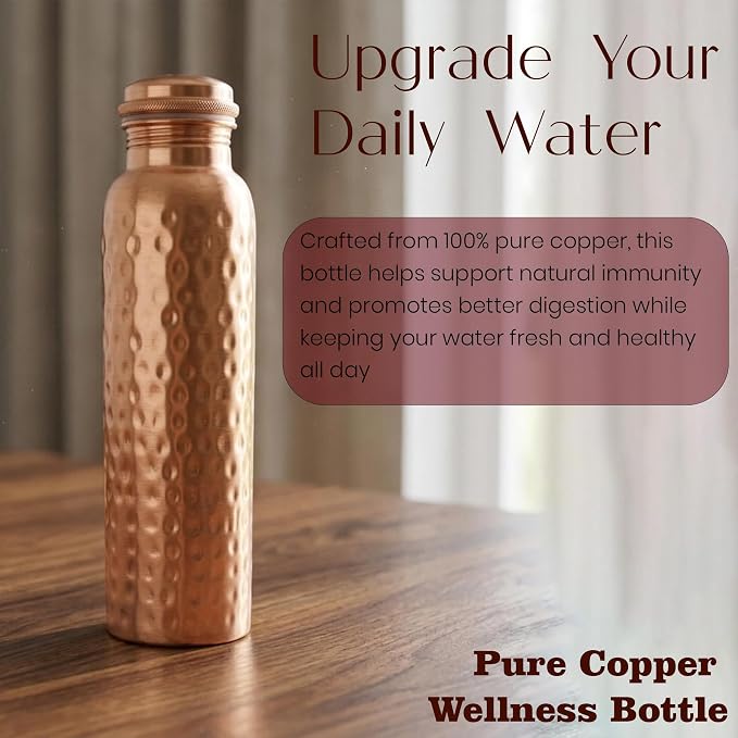 Copper Water Bottle 34 Oz A Hammered Ayurvedic Pure Copper Vessel with Carrying Bag, Straw, Cleaning Brushes Drink More Water, Lower Your Sugar Intake And Enjoy The Health Benefits Immediately