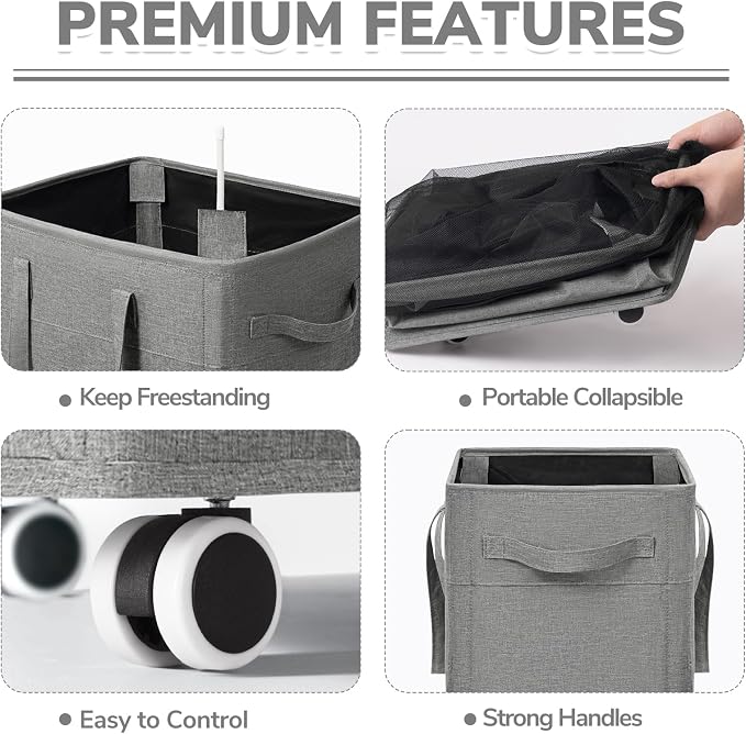 CHICVITA 100L Laundry Basket with Wheels, Slim Laundry Hamper with Removable Wash Bag for Bedroom, Clothes Hampers for College Dorm, Light Grey