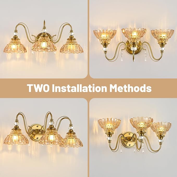 Vintage Bathroom Vanity Light, 3-Light Brushed Gold Finish Wall Sconce with Hanging Crystal Accents and Flower-Shaped Amber Glass Shades, Retro Wall Mount Vanity Light Over Mirror for Bathroom