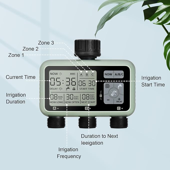 Watering Timer 3 Zone, Sprinkler Timer, Programmable Garden Outdoor Hose Faucet Timer with Rain Delay, Auto & Manual Watering System,Water Hose Irrigation Timers 3 Outlet for Garden Lawn