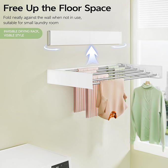 Vikaqi Wall Mounted Clothes Drying Rack 40 inches, Foldable Wall Mount Laundry Rack Folding Indoor, Drying Rack Clothing Collapsible, Hidden Space Saver with Wall Template, 6 Rods, White