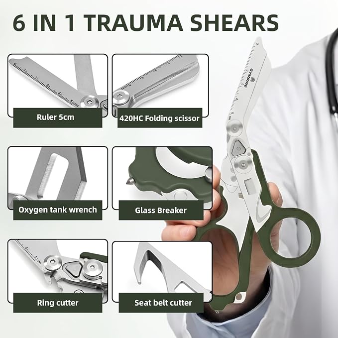 Heavy Duty 6 in 1 Multifunctional Trauma Shears Foldable | Stainless Steel emergency response scissors | Survival Shears with Holster | Medical Trauma shears Tactical With Strap Cutter | Green