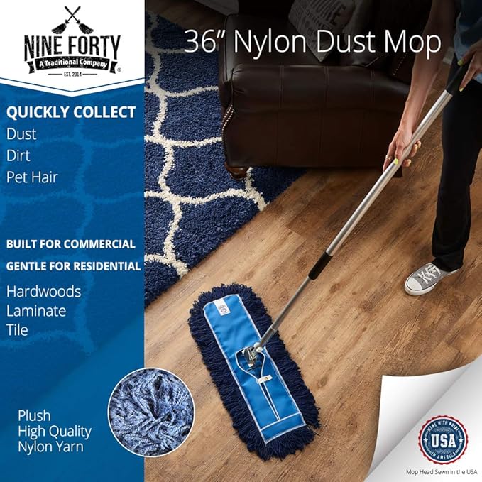 Nine Forty 48" Premium Nylon Dust Mop with Wood Handle - Heavy Duty Mop Head for Industrial, Commercial, and Residential Cleaning - Dry Floor Duster for Hardwood Surfaces and Commercial - Blue