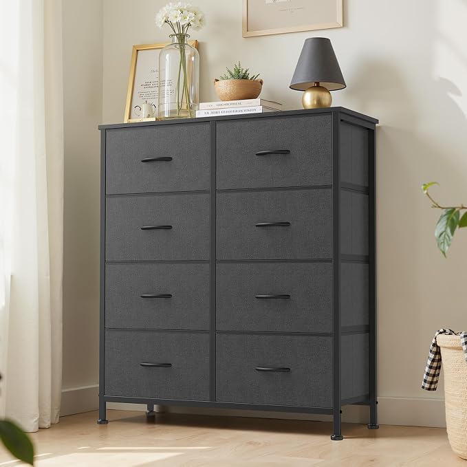 Sweetcrispy 8 Drawer Dresser with Fabric Bins Fabric Storage Tower Organizer for Bedroom Closet Hallway Entryway Tall Chest of Drawers with Steel Frame Wood Top Easy Pull Handles,Grey