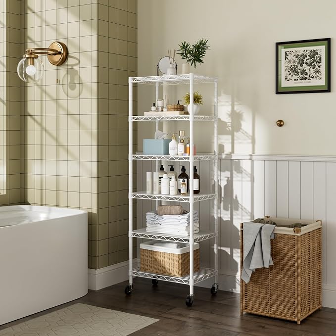 Golpart Small 6 Tier Shelves Storage Wire Shelving Unit Metal Shelf Adjustable Organizers Storage Shelving with Wheels for Bathroom Laundry Room Kitchen Pantry11.7”D x 17.7”W”W x 61.6”H White