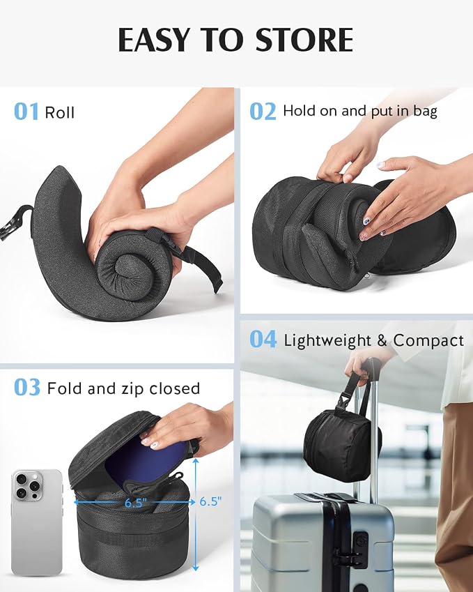 YFONG Travel Pillow for Long Flight Airplanes, Head Strap Combo with 3D Contoured Eye Mask for Sleep, Neck Pillow for Car Trip Essential, 360° Support Memory Foam Headrest, Prevent Bobbing, Blue