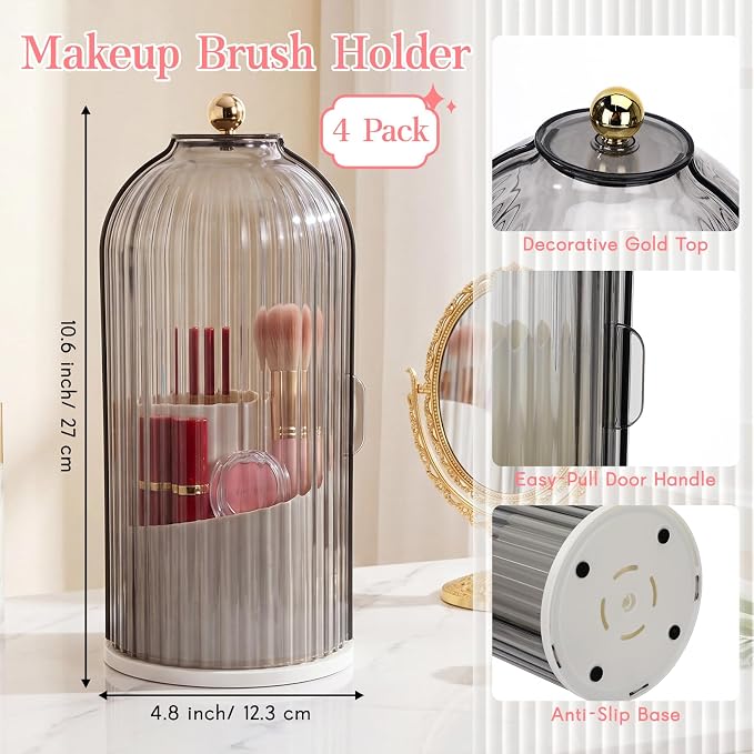 Novabright 4 Pack Makeup Brush Holder with Lid 360° Rotating Makeup Brush Organizer with 3 Compartments Dustproof Cosmetic Storage for Vanity Bathroom Countertop(Transparent Black)