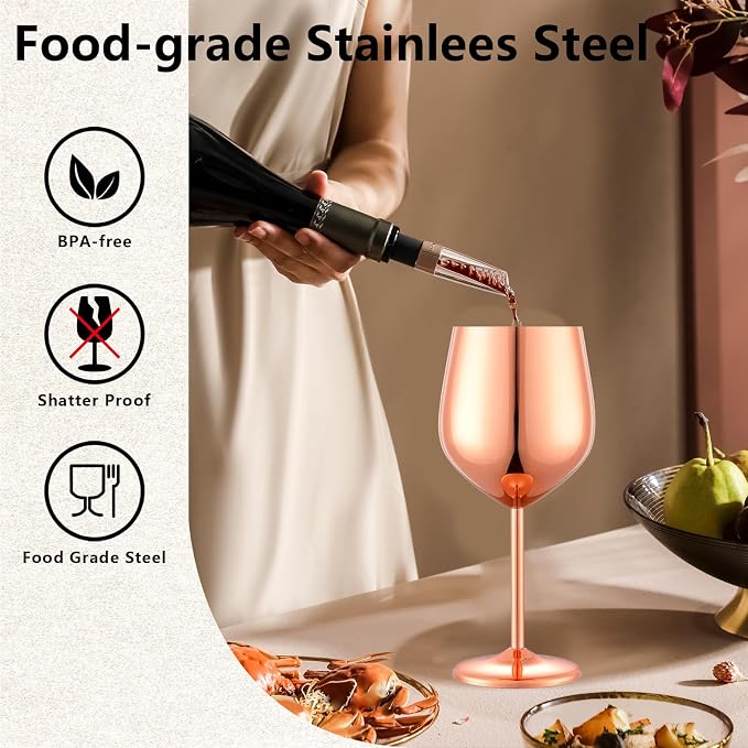 UNISWEET Unbreakable Stainless Steel Wine Glasses Set of 4, Rose Gold | 17oz Unique Fancy Metal Wine Goblets, Shatterproof, Ideal for Outdoor, Camping, Travel, Pool, Great Gift for Wine Lovers