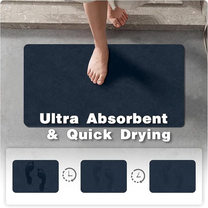 TYUU Bathroom Mat Quick Dry, Bathroom Rugs Non Slip Washable Thin Absorbent Bath Mat Fits Under Door Bathroom Floor Mat Perfect for Bath, Shower, or Sink 20"x30" Navy Blue