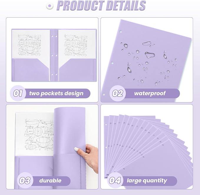 Yeaqee 50 Pcs Plastic Folders with Pockets Bulk 3 Hole Punched 2 Pocket File Folders for 3 Ring Binder Divider Folder for Notebooks, Durable Poly for Office Home (Light Purple)
