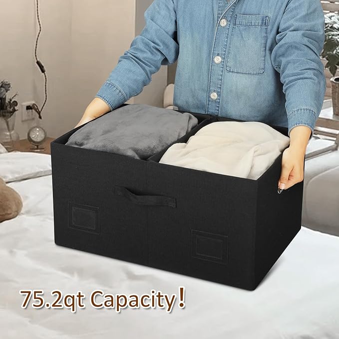 Graciadeco 75 Quarts Extra Large Decorative Storage Bins with Lids, 1 Pack Black Collapsible Storage Bins with Lids, Stackable Storage Bins Decorative Box Storage With Lid Extra Large