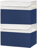 Bagnizer Large 42 Quarts Fabric Storage Bins with Lids [2-Pack] Linen Collapsible Foldable Baskets, Closet Organizer Containers boxes with Handles for Home Office (16.7 x 12 x 12, Navy Blue & White)