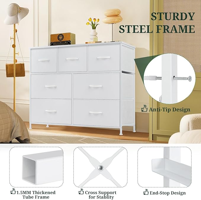 7-Drawer Dresser for Bedroom, Anti-Tip Wide Storage Organizer Fabric Chest of Drawers TV Stand for 45" TV with Wooden Top and Metal Frame for Closet, Living Room, Hallway, Entryway, White