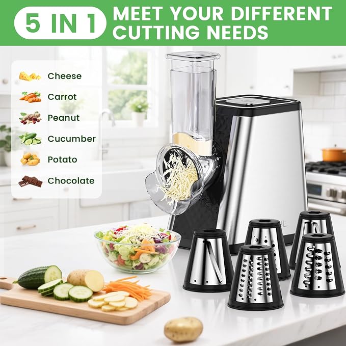 Electric Cheese Grater for Block Cheese - Electric Vegetable Chopper with 5 Blades, Automatic Shredder for Potato Carrot Cucumber Cabbage Onion Kitchen Essentials