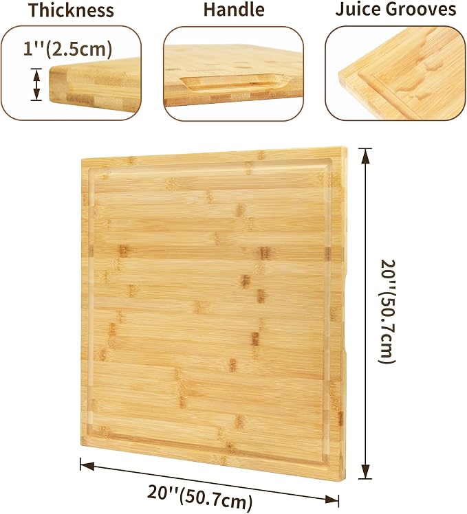 Utoplike Bamboo Cutting Board 20 x 20 inch, Large Wood Chopping Boards | for Kitchen, Meat, Vegetables, BBQ, Square Butcher Block with Juice Groove and handle, 1"Th