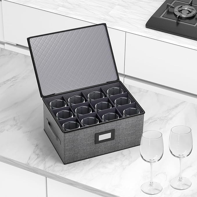 2-Pack Wine Glass Storage Box with Dividers, Hard Shell Stemware Storage | Holds 24 Crystal Glasses & Drinkware, Quilted, Dual Zippers, Reinforced Handles, Stackable, Moving and Seasonal Storage, Grey