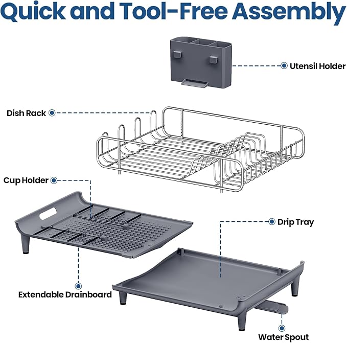 NTD Expandable Dish Drying Rack for Kitchen Counter, 16.7"-26.8", Gray | Large Multifunctional Dish Drainers, Anti-Rust, with Cutlery & Cup Holders, Self-Draining Drainboard, FIts for 4-5 People