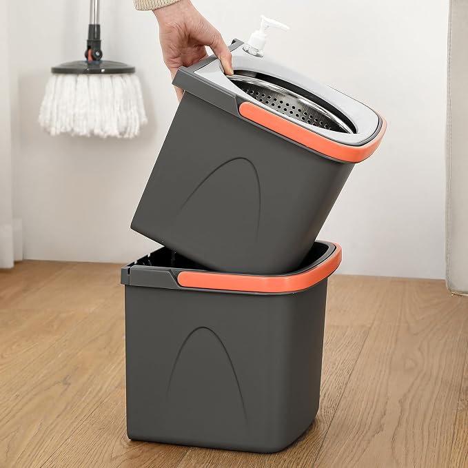 Spin Mop and Detachable Bucket Set with 5 Reusable Microfiber mop Head Dual-Chamber Water System Spining Mop Floor Cleaning Kit for Hardwood Tile Laminate Floors (Gray)