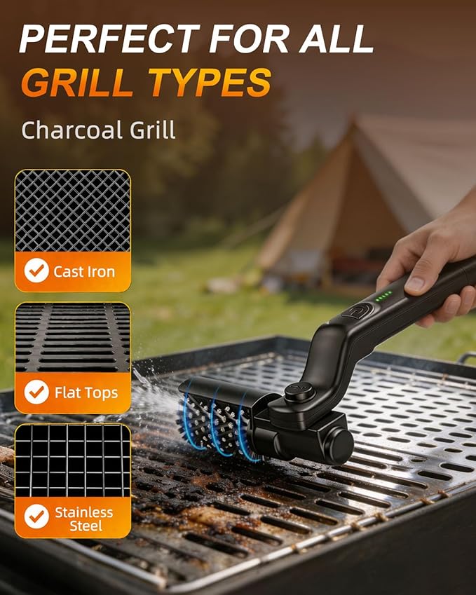 Electric Grill Brush Cordless, 3-Speed Rotary BBQ Grill Cleaner Bristle Free, 180° Adjustable, 3 Brush Heads, Rechargeable Waterproof for Outdoor Grill Cast Iron Stainless Steel