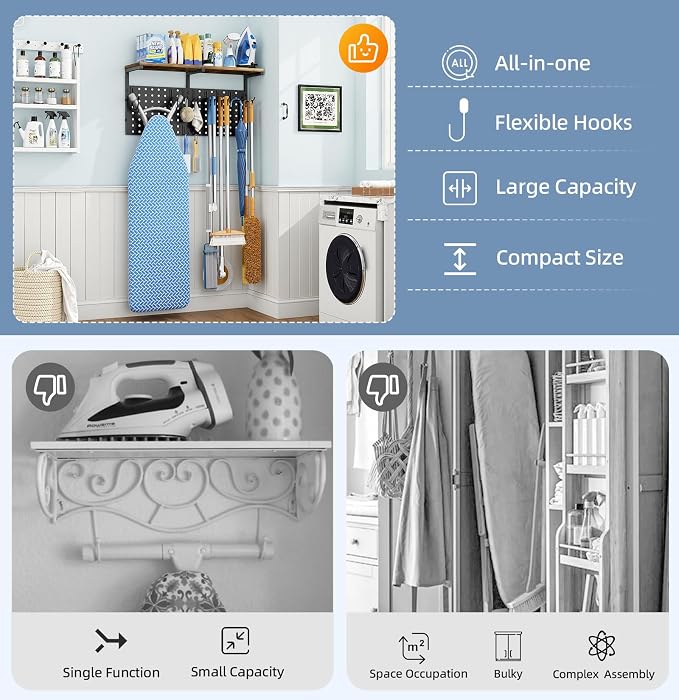 Ironing Board Hanger Wall Mount, Large Storage Iron and Ironing Board Holder, Laundry Room Storage Shelves with Ironing Board Broom Mop Holder, Laundry Accessories Organization and Storage Organizer