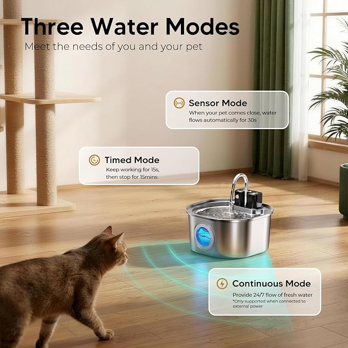 Voluas Stainless Steel Cat Water Fountain, Wireless, 108oz/3.2L, 2 Filter | Cordless Design, Ultra-Quiet Pump, Easy to Clean, BPA-Free