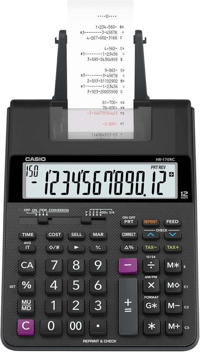 Casio HR-170RC Plus – Mini Desktop Printing Calculator | Check & Correct, Cost/Sell/Margin, Dual-Color Print | Ideal for Taxes, Bookkeeping & Accounting Tasks, Assorted Colors