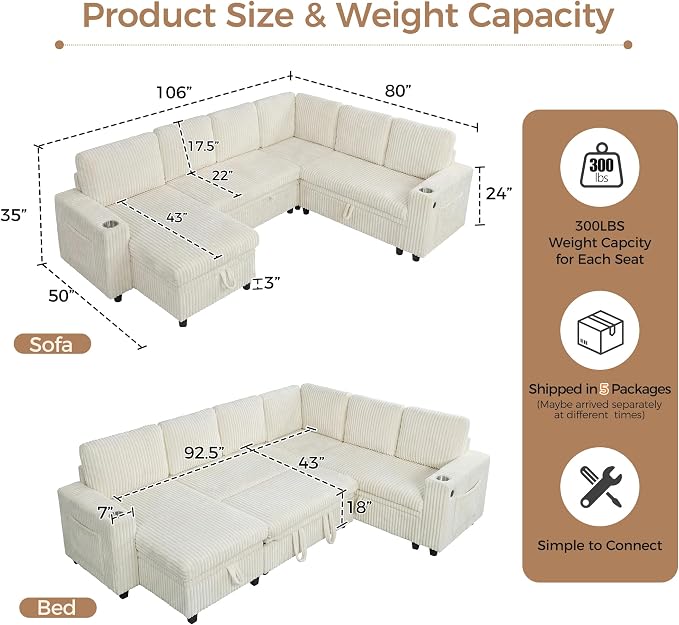 106 in L Shaped Modular Sectional Sofa Couch for Living Room, Beige | Pull Out Sleeper Bed, 7 Seat Modular Design, Hidden Storage Space, USB Charging, Cup Holders, Soft Corduroy, Easy Assembly