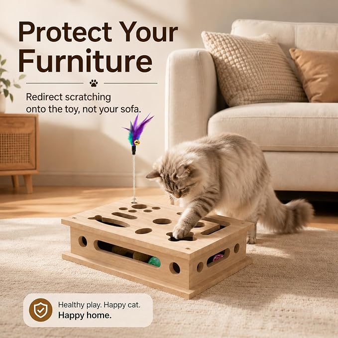 2026 New Cat Scratch Puzzle Enrichment Box, Interactive Cat Nail File Box with Catnip & Bell Ball, Cat Scratcher Toy with Teaser Wand, Stress-Free Alternative to Clippers & Grinders
