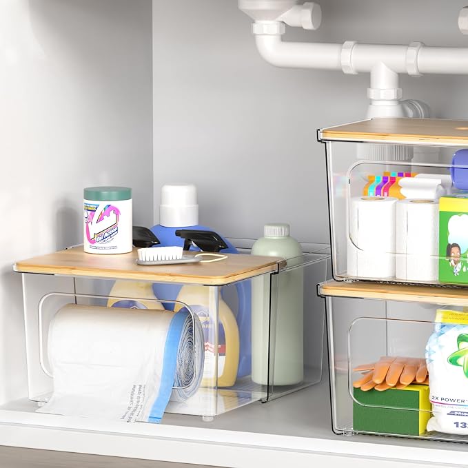 iCASA Trash Bag Dispenser Holder - 2 in 1 Acrylic Under Sink Organizer Garbage Bags Container with Bamboo Lid, Holds up to 100 Count 13/30/33 Gallon Bag Roll for Kitchen, Pantry, Laundry Room Storage