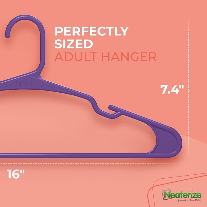 NEATERIZE Clothes Hangers Plastic 100 Pack for Adults - Plastic Hangers, The Perfect Coat Hanger and Space Saving Clothes Hangers for Closet - Purple Hangers