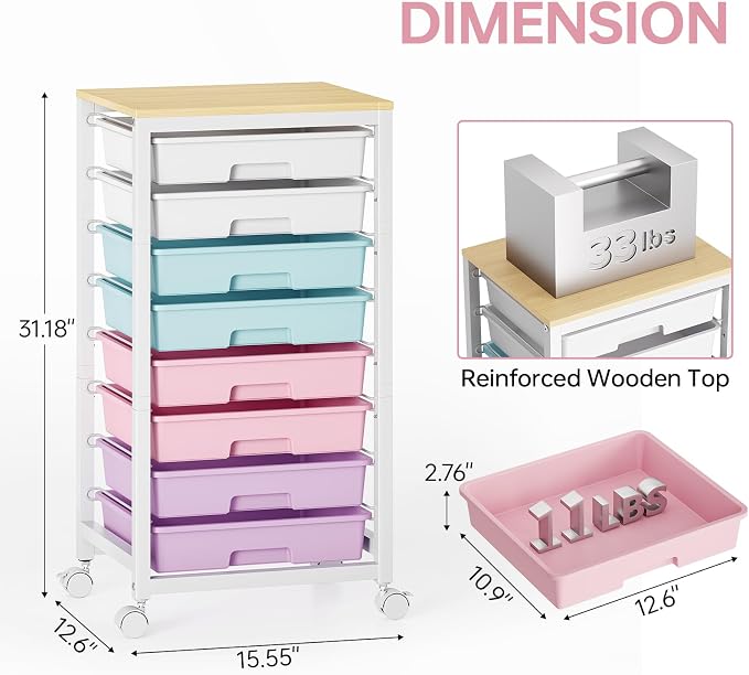 SYKIARIOL Rolling Storage Cart with Drawers,Utility Cart With 8 Drawers and Wooden Tabletop,Rolling Drawer Cart,Storage Drawer Cart for Living Room,Classroom,Bedroom,Bathroom,Dorm,Office, Ice Cream