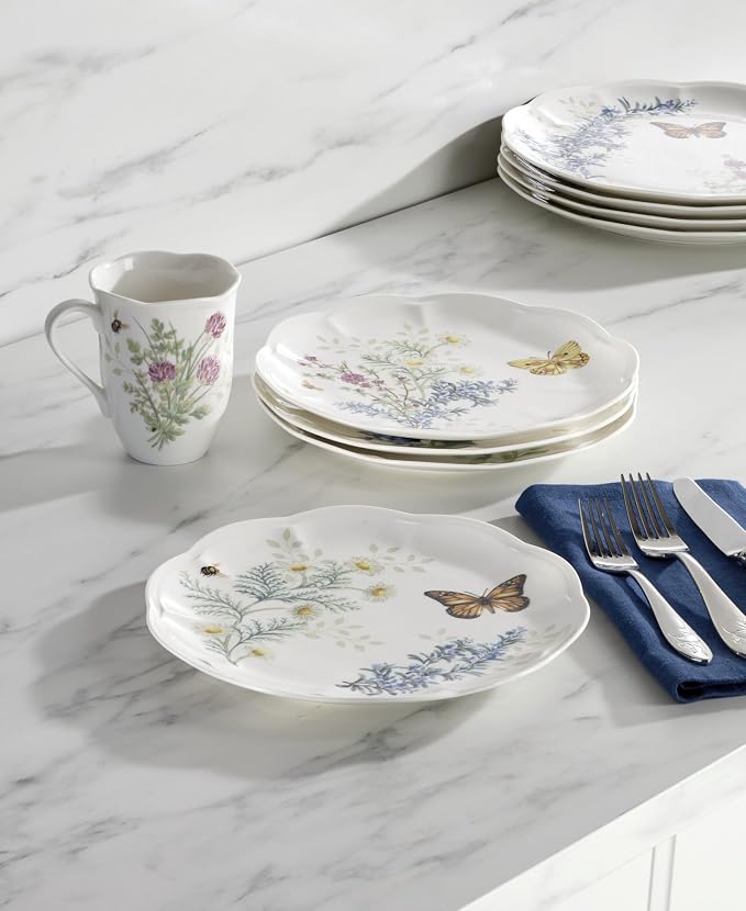 Lenox Butterfly Meadow Herbs Accent Plates, Appetizer Plate Set for 4 | porcelain, dishwasher safe, microwave safe | also great as a dessert plate for salad or bread, salad plates