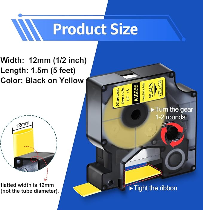 NineLeaf 5 Pack Compatible Labels Tape Replacement for Dymo 18056 1/2 inch Black on Yellow Heat Shrink Tube Labels 12mm x 1.5m for Wires and Cables Use in Rhino 4200 5200 5000 6000 3M Label Maker