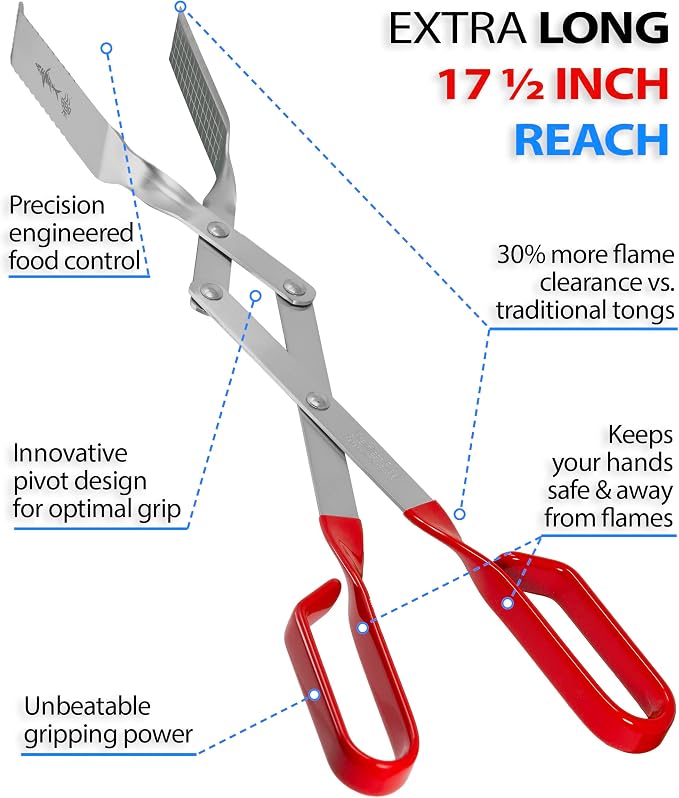Steak Grill Tongs - 17 inch Red. Professional outdoor grilling utensil. Long reach Barbeque Grilling Tongs. Ideal for steak, fish, burger, and sausage