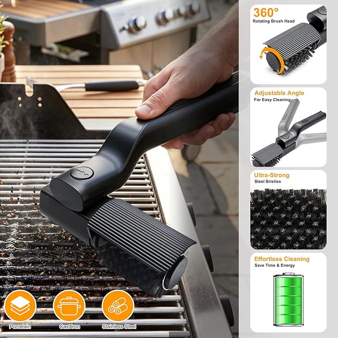 Electric Grill Brush Cordless Rechargeable BBQ Cleaner | 3-Speed Modes, 2600mah High-Torque Power, Rotary BBQ Scrubber, For Outdoor Stainless Steel Cast Iron Grates