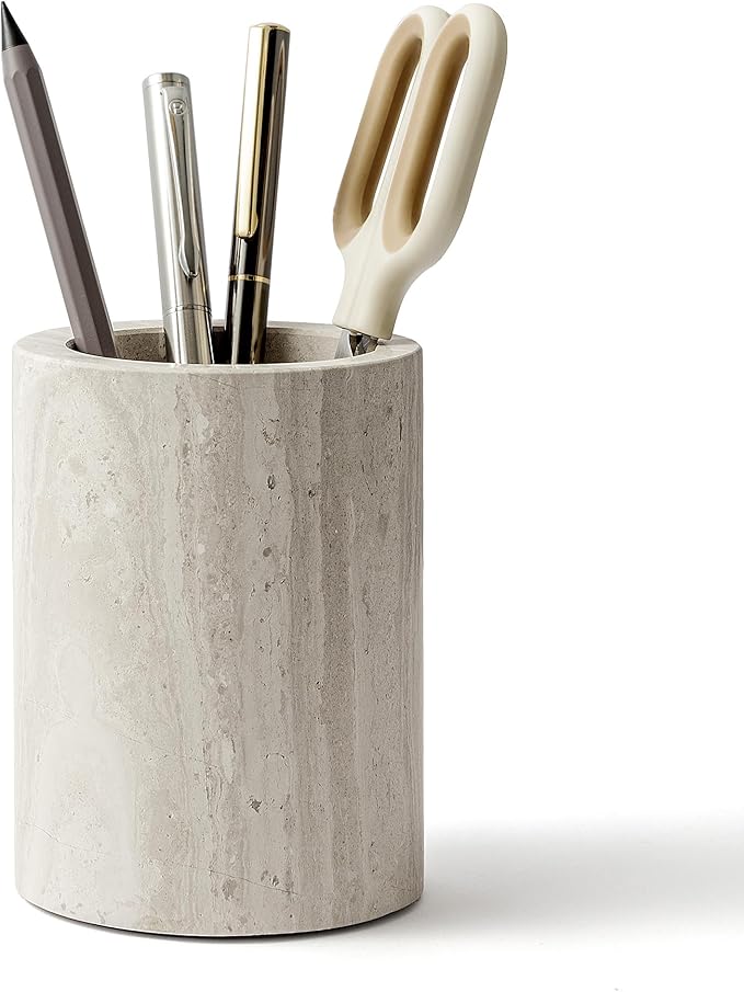 Natural Marble Pen Holder for Desk, Handcrafted Sturdy Desk Organizer with Anti-Slip Base 3.1” x 4.3” – Unique Stone Craft for Office Supplies, Makeup Brushes & Home Decor Grey (WH077)