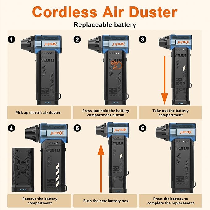 Air Duster - 250,000RPM Compressed Air Duster, Replaceable Batteries 2pcs,Long Life-mini Blower, 3-Gear Adjustable- Electeic Air Duster for Keyboard,PCs,Leaves,Car Cleaning (2*Batteries)