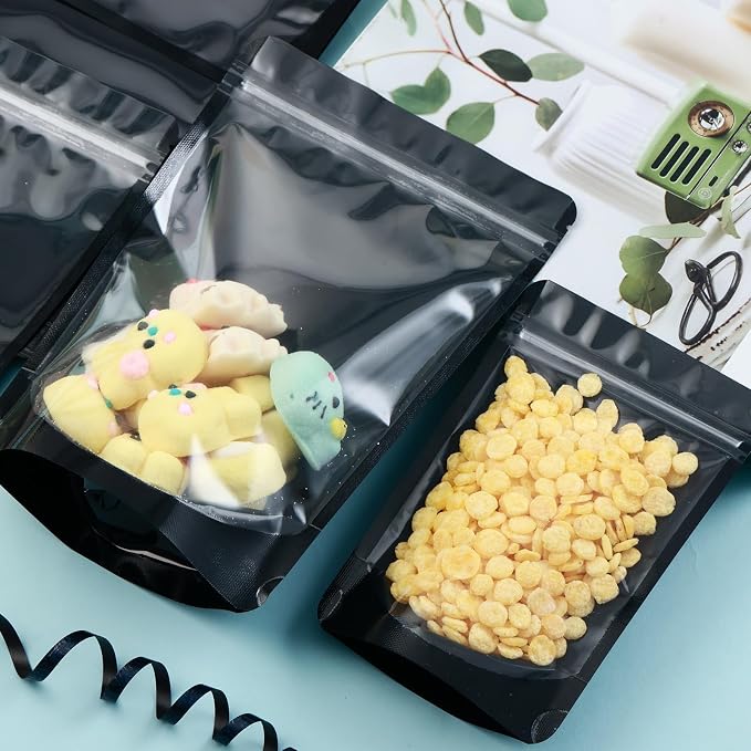 200 Mylar Bags for Food Storage 5X8 Mylar Bags with Window Candy Packaging Resealable Bags Black Stand Up Pouches Edible Packaging for Small Business