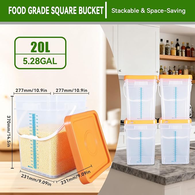 5 Pack 5 Gallon Square Plastic Bucket with Lids and Graduation Marks, Food Grade Clear Storage Containers for Kitchen & Industrial, BPA Free Heavy Duty Pail with Handle for Liquid, Paint, Grain