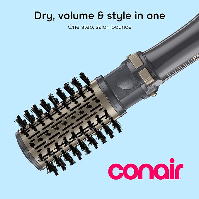 Conair InfinitiPRO Rotating Hot Air Dryer Spin Brush Set | Bidirectional Rotating Ionic Hot Air Brush for Volume and Curls, Gray, 2 in. and 1 ½ in. Brush Heads, BC191L
