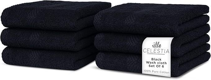 Villa Celestia Cotton Washcloths Set of 6, 12x12 Inch, 100% Ring-Spun Combed Cotton, Soft Absorbent Quick-Dry Wash Cloths for Face and Body, Oeko-TEX Certified, Hotel & Spa Quality, Black